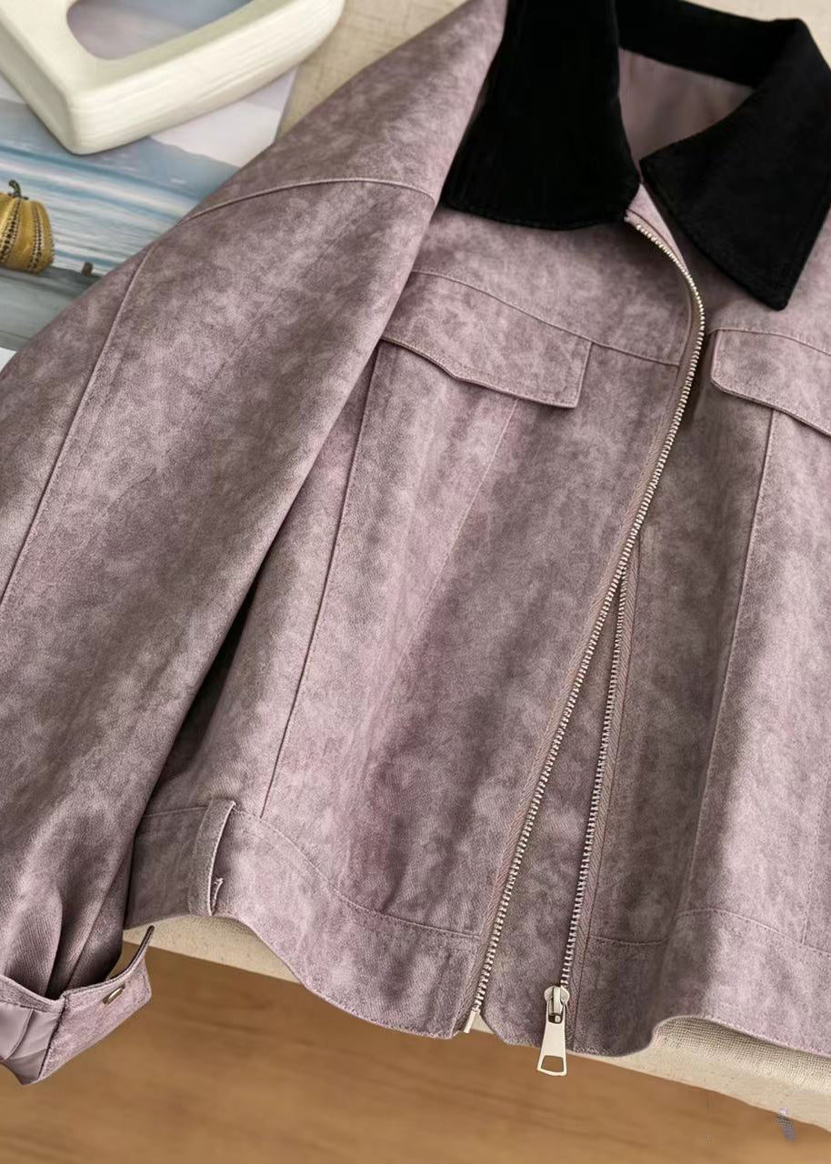 Casual Purple Patchwork Turn-Down Collar Jacket Fall