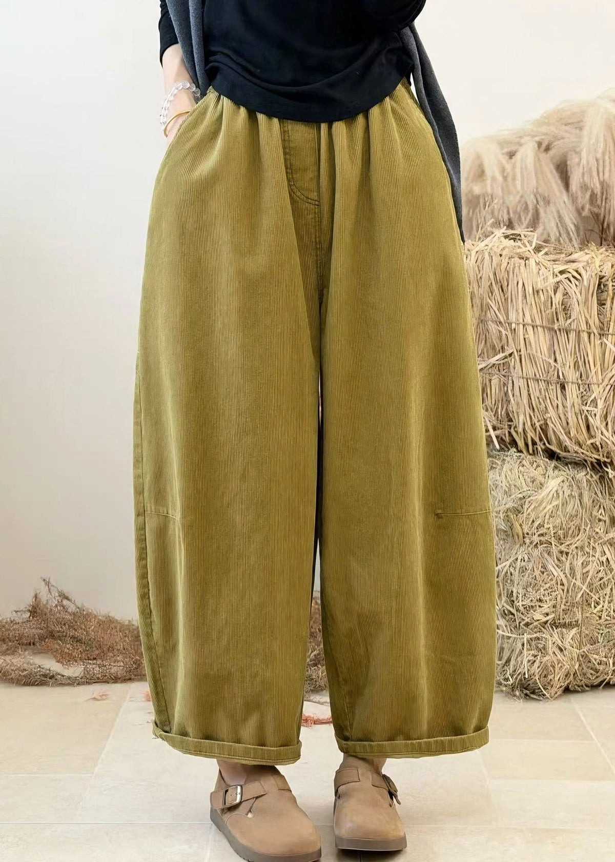 Casual Purple Pockets Patchwork Elastic Waist Corduroy Pants Autumn