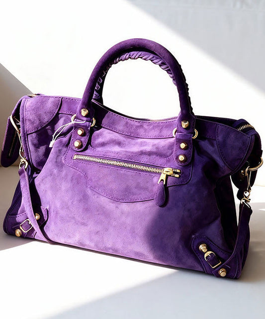 Casual Purple Rivet Solid Durable Fine Suede Tote Handbag