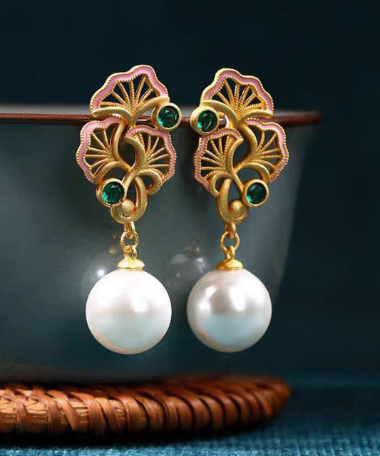 Casual Rainbow Sterling Silver Overgild Pearl Chalcedony Hollow Out Floral Drop Earrings