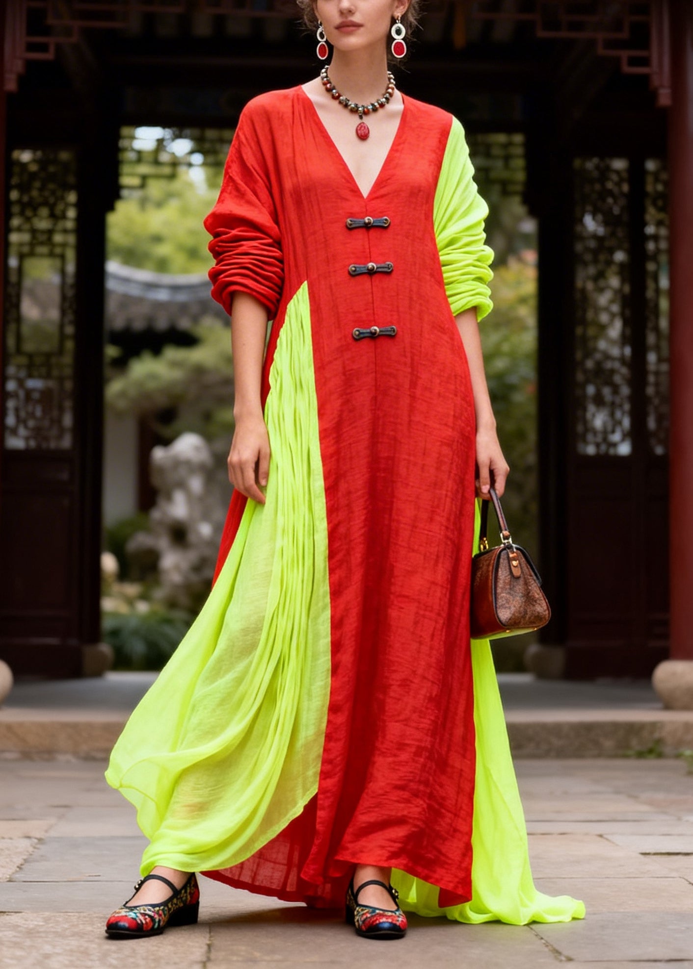 Casual Red Asymmetrical Patchwork Chinese Button Cotton Vacation Dresses Fall