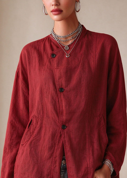 Casual Red Asymmetrical Pockets Double-Layer Linen Coats Long Sleeve