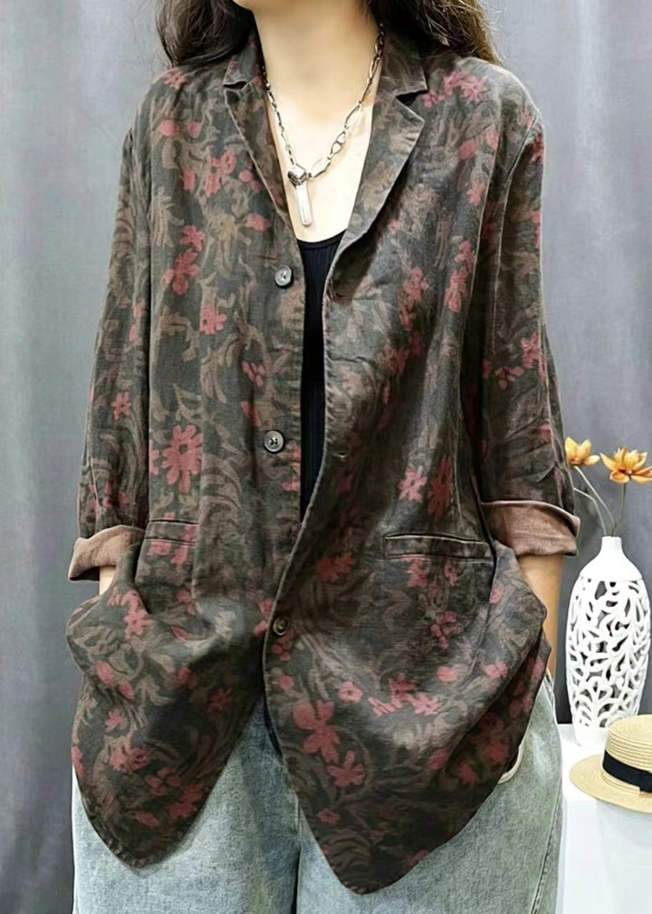 Casual Red Brown Notched Pockets Print Jacket Fall