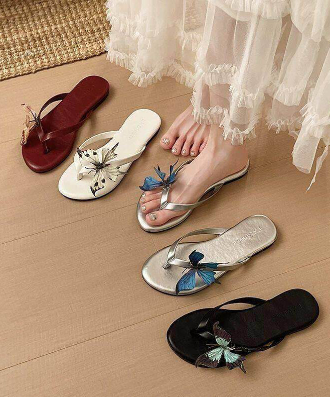Casual Red Faux Leather Handmade Butterfly Slide Sandals