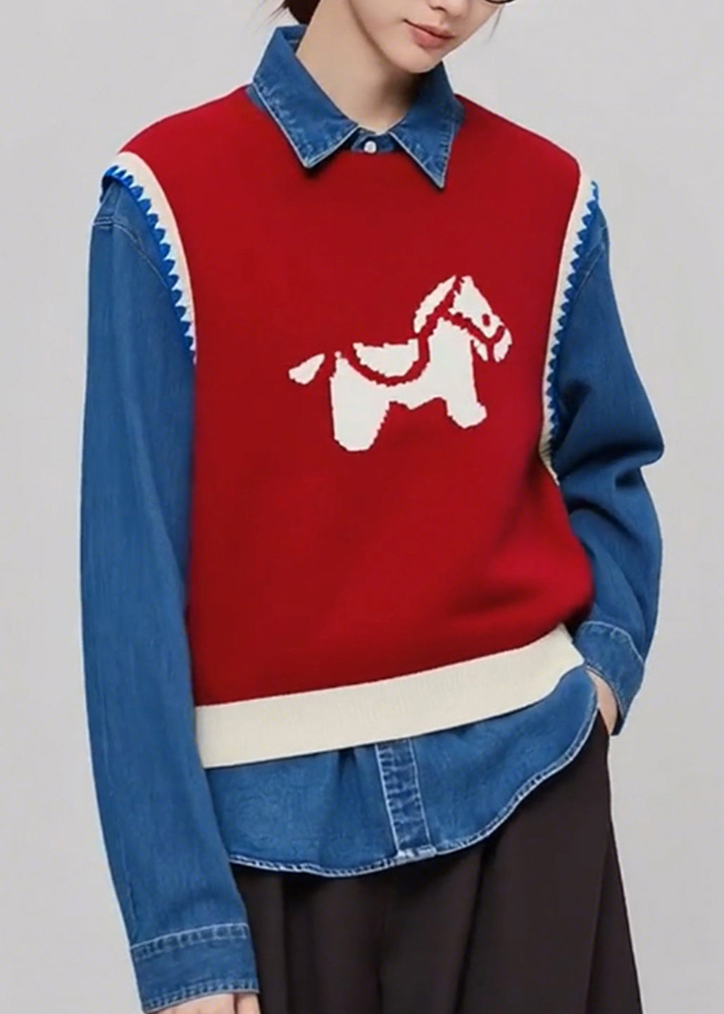 Casual Red O Neck Cartoon Print Knit Vest Sleeveless