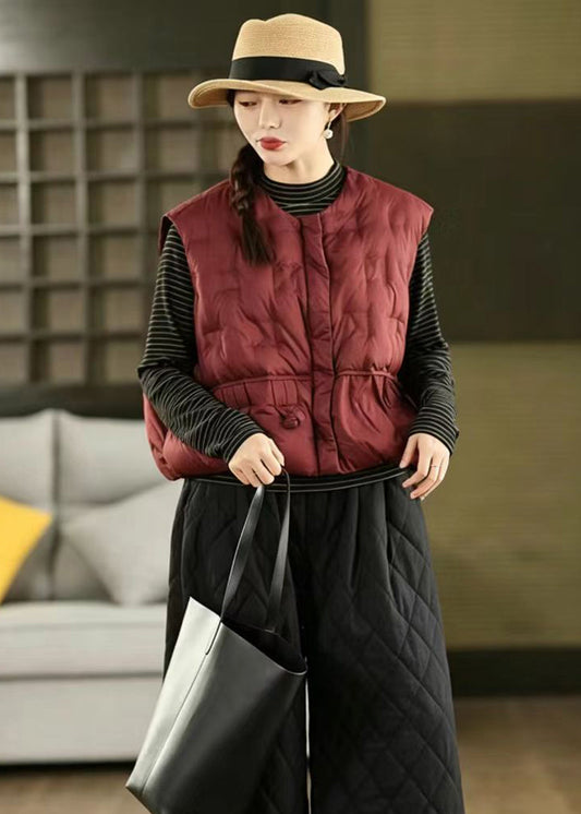 Casual Red O-Neck Zippered Cotton Filled Waistcoat Tops Winter