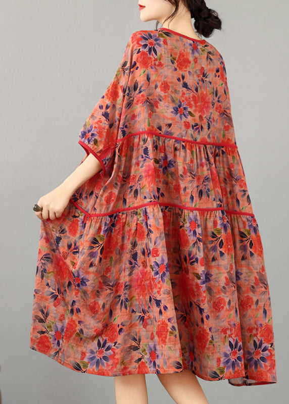 Casual Red Tie Lace Print Wrinkled Long Dress Half Sleeve