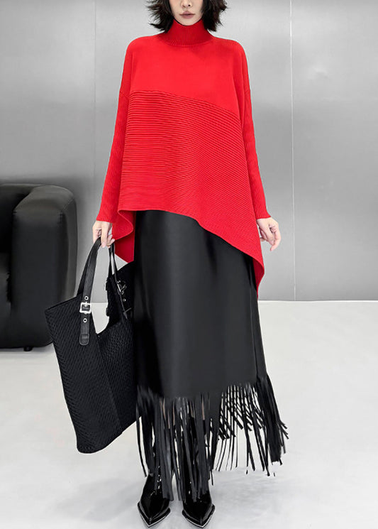 Casual Red Turtleneck Asymmetrical Knit Sweater Tops Fall