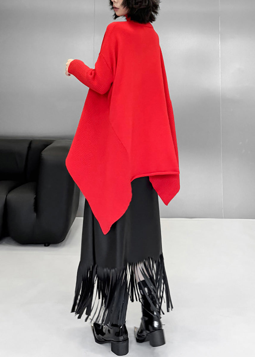 Casual Red Turtleneck Asymmetrical Knit Sweater Tops Fall