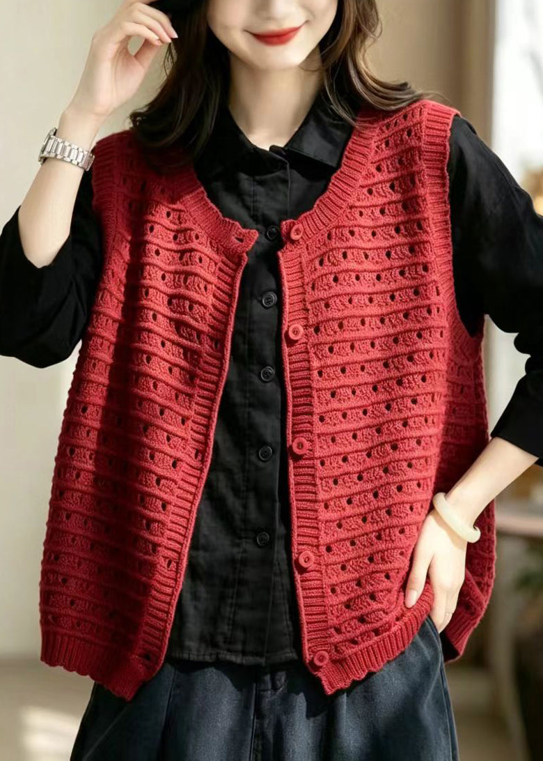 Casual Red V Neck Hollow Out Button Knit Vest Sleeveless