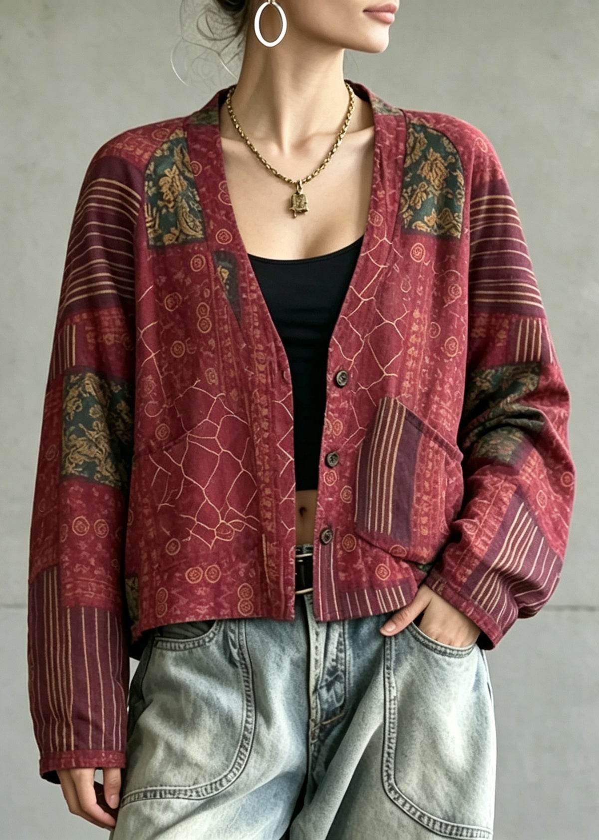 Casual Red V Neck Reversible Wear Print Coat Fall