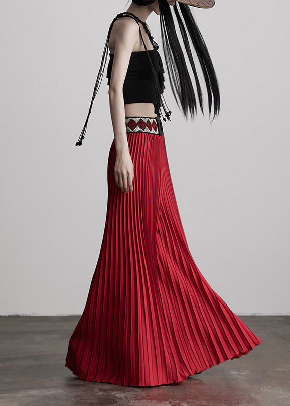 Casual Red Waist Flower Splicing Pleated Wide Leg Pants Spring