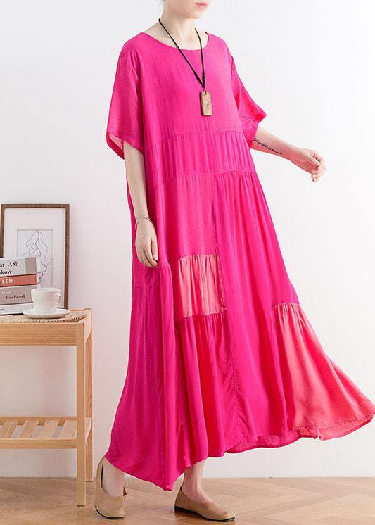 Casual Rose Patchwork O-Neck Long Cotton Dress - SooLinen