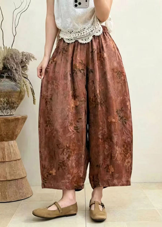 Casual Rust Brown Pockets Print Draping Harem Crop Pants Summer