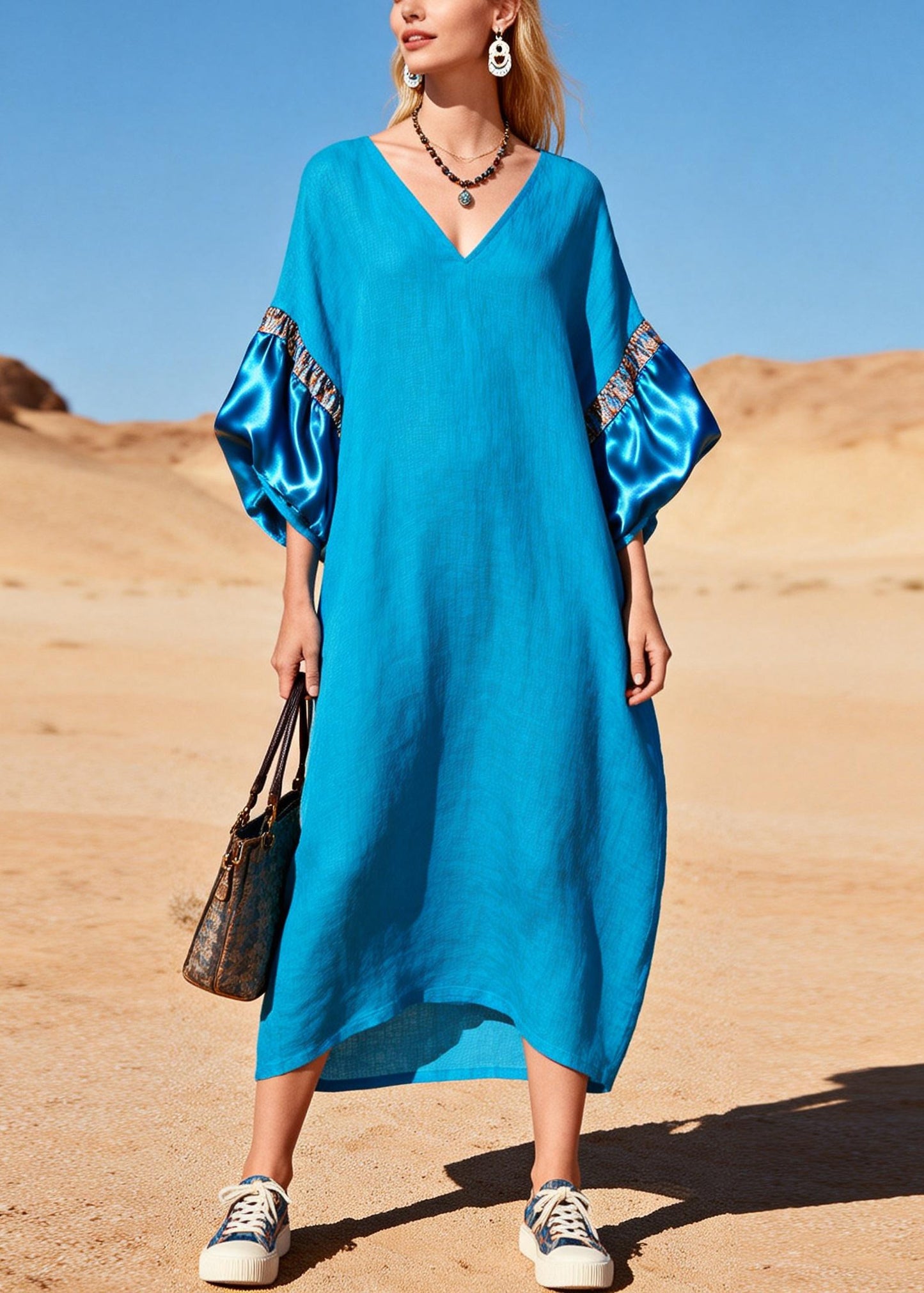 Casual Sea Blue V Neck Patchwork Cotton Maxi Dress Lantern Sleeve