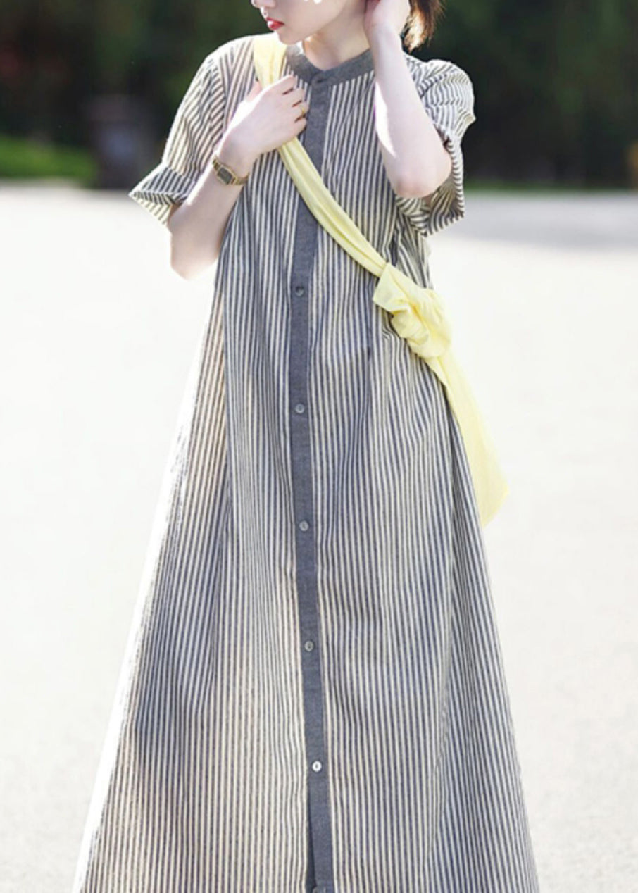 Casual Stand Collar Striped Button Cotton Shirts Dress Summer