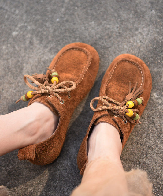 Casual Tassel Lace Up Splicing Flat Feet Shoes Coffee Suede