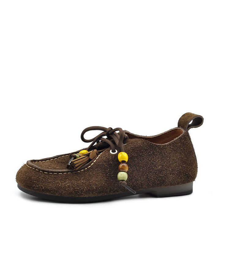 Casual Tassel Lace Up Splicing Flat Feet Shoes Coffee Suede