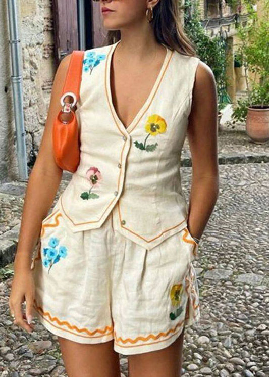 Casual V Neck Print Pockets Cotton Two Pieces Set Summer