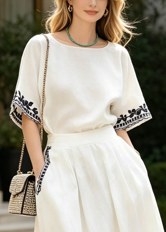 Casual White Embroidered Linen Two Piece Set Summer