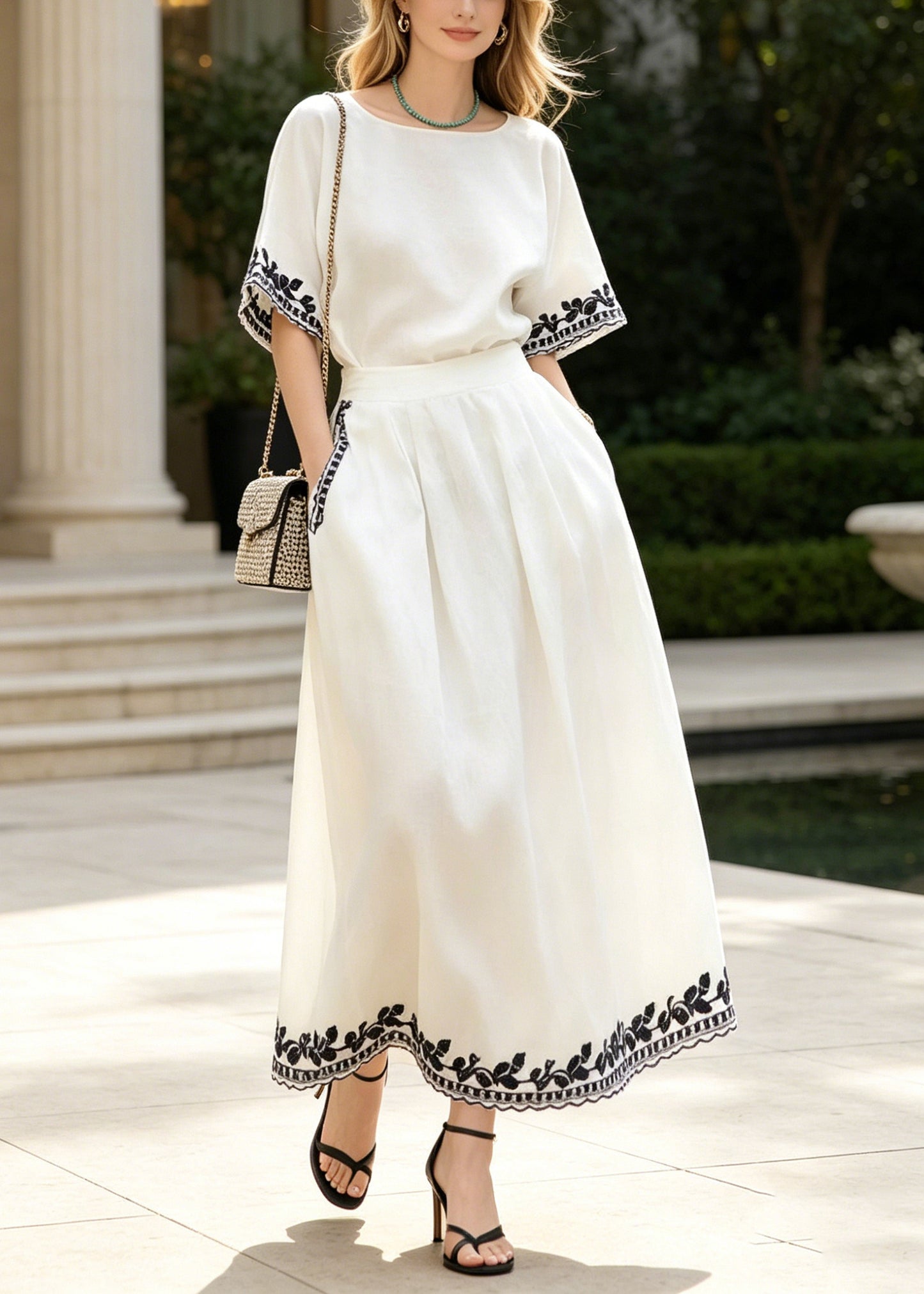 Casual White Embroidered Linen Two Piece Set Summer