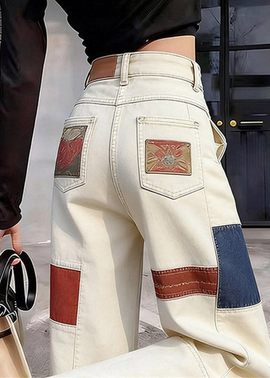 Casual White High Waist Pockets Print Straight Jeans Summer