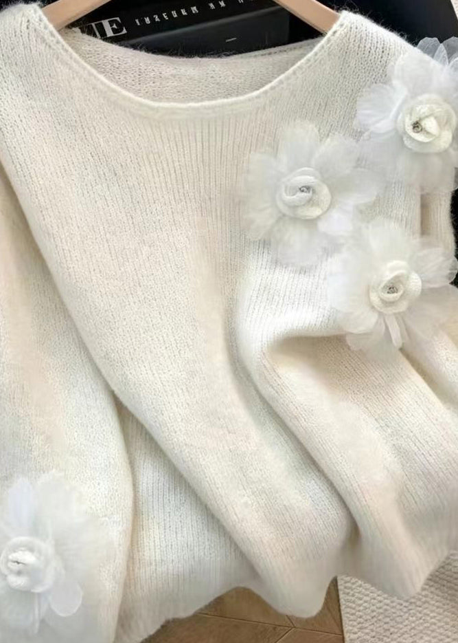 Casual White O-Neck Stereoscopic Floral Knit Sweaters Fall