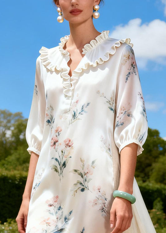 Casual White Ruffled Patchwork Print Linen Silk Dresses Summer