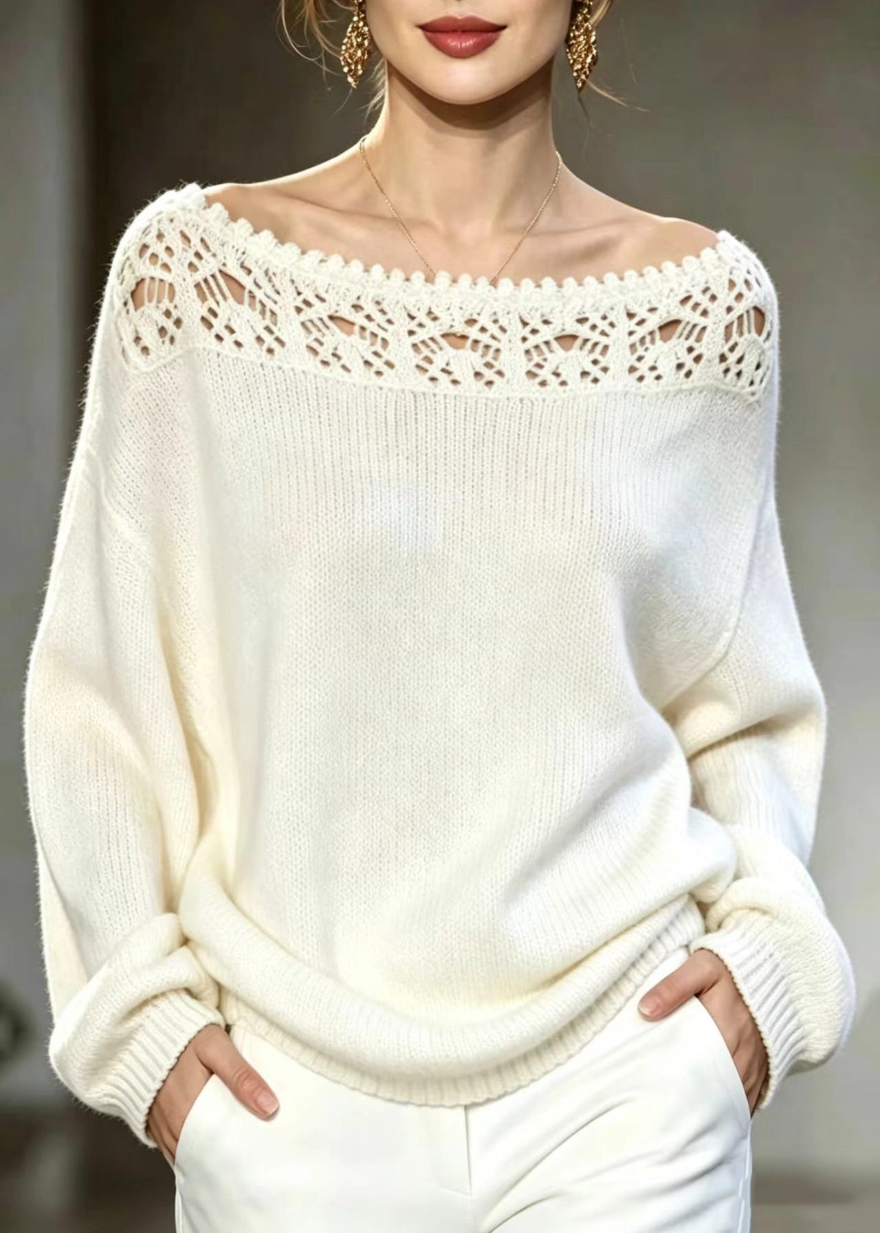 Casual White Slash Neck Hollow Out Crochet Knit Sweater Tops Fall