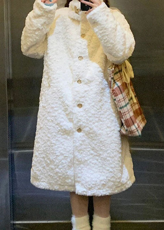 Casual White Stand Collar Button Warm Faux Fur Long Coats Winter