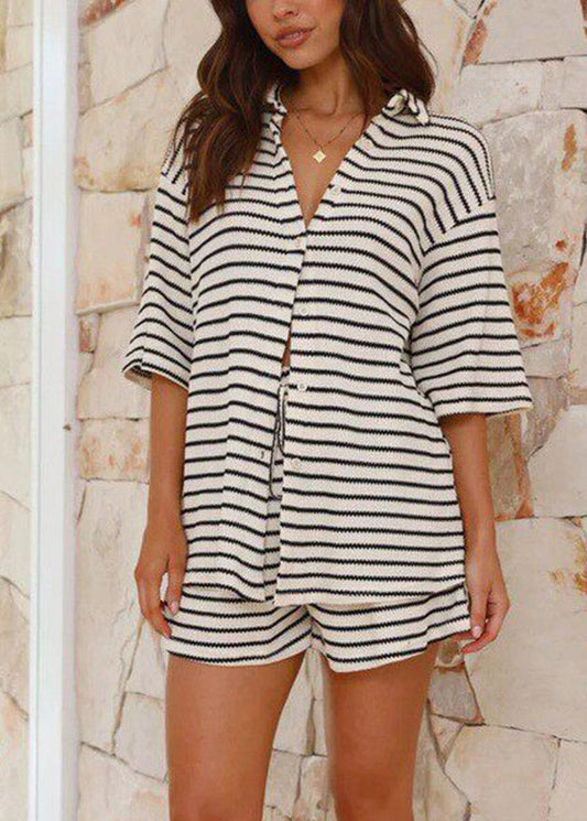 Casual White Striped Peter Pan Collar Shirts And Shorts Two Pieces Set Summer