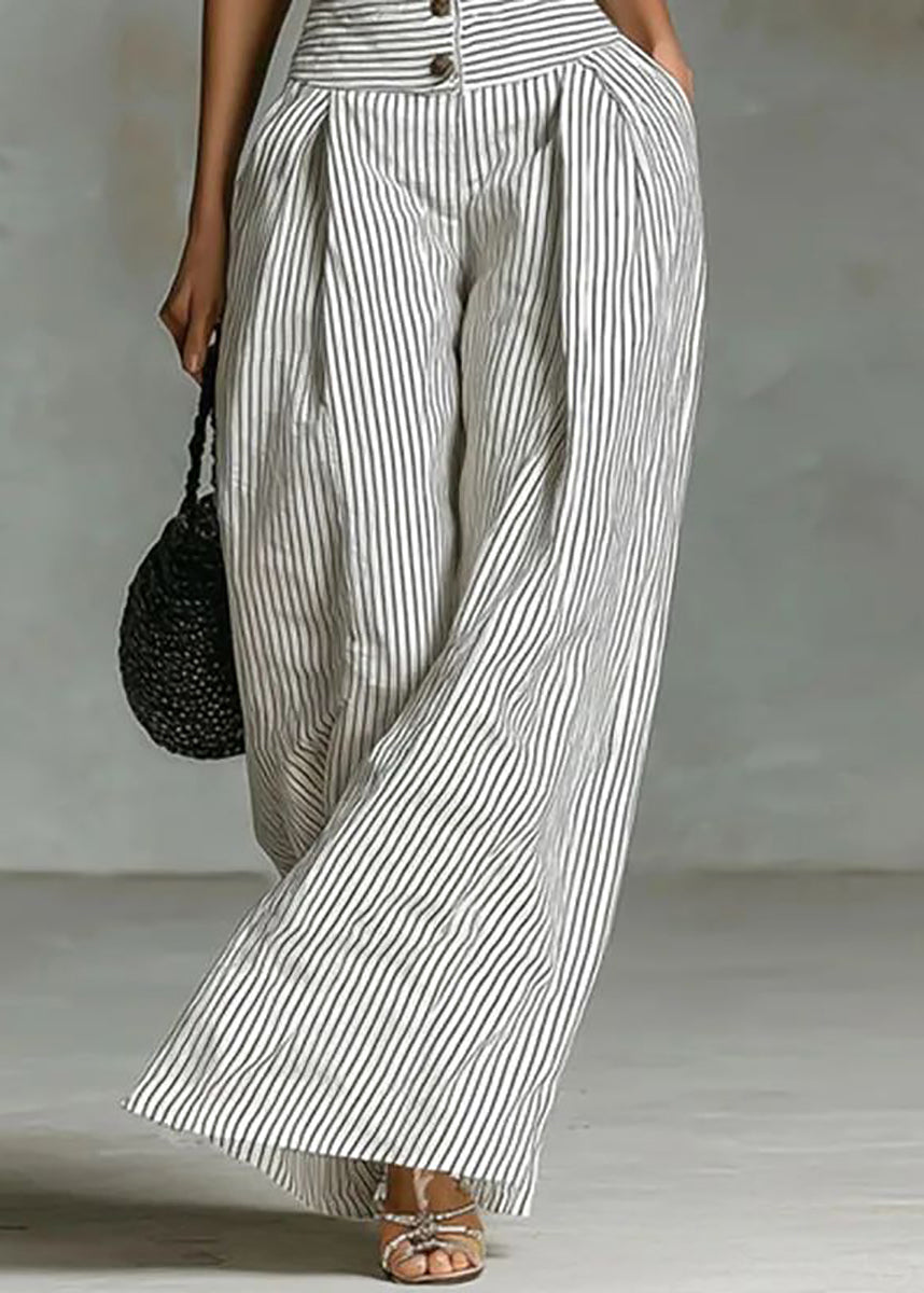 Casual White Striped Stand Collar Button Jumpsuit Sleeveless