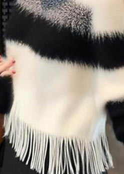 Casual White Tasseled Striped Fuzzy Fur Fluffy Sweaters Winter