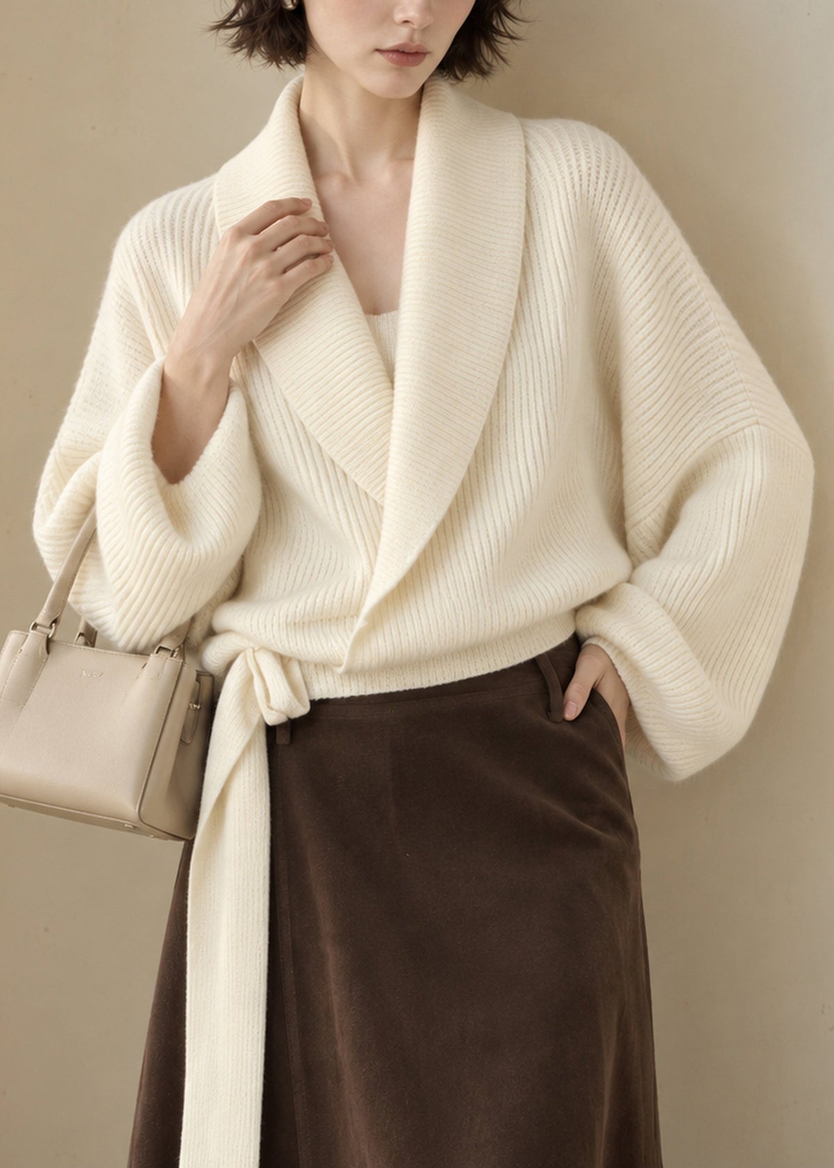 Casual White Turn-Down Collar Wrap Cross Tie Knit Sweater Lantern Sleeve