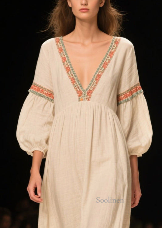 Casual White V Neck Patchwork Linen Maxi Dresses Bracelet Sleeve
