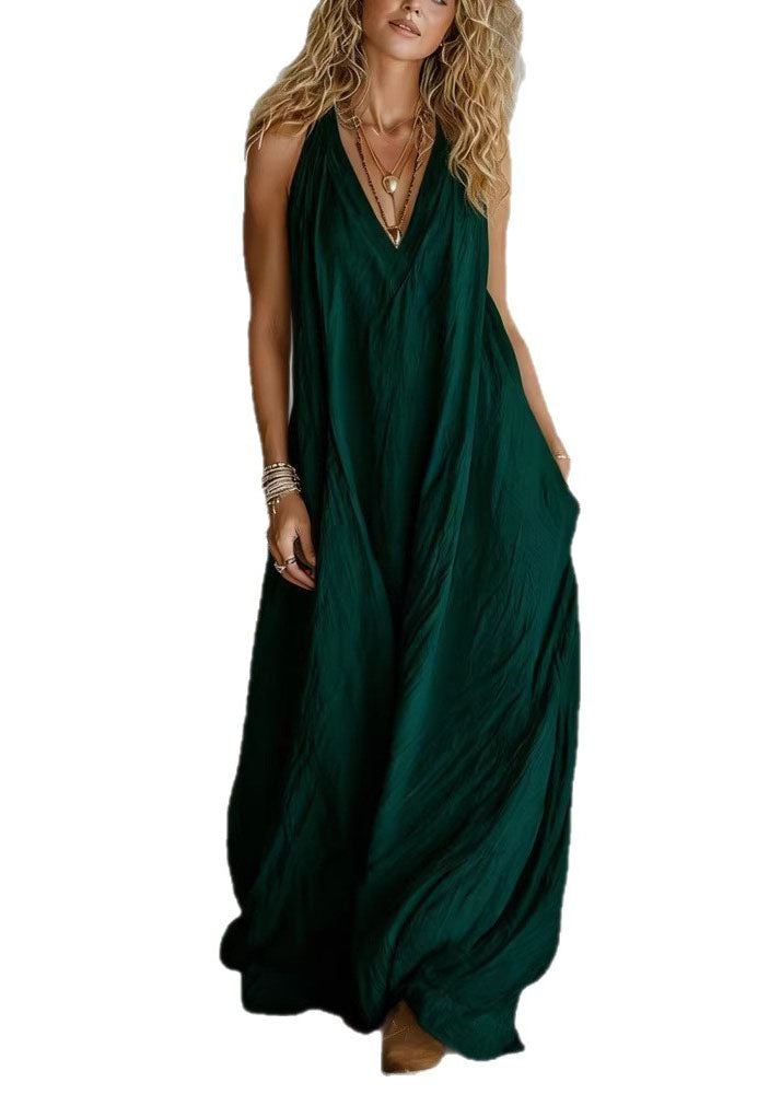 Casual White V Neck Pockets Cotton Long Dress Sleeveless
