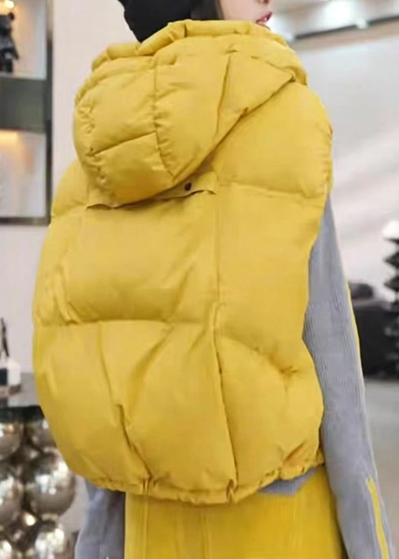 Casual Yellow Hooded Pockets Drawstring Cotton Filled Waistcoat Winter