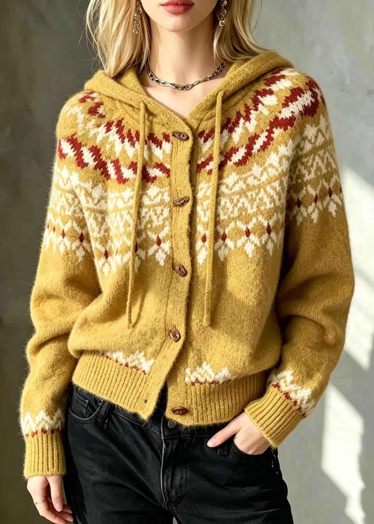 Casual Yellow Jacquard Hooded Drawstring Knit Cardigans Fall