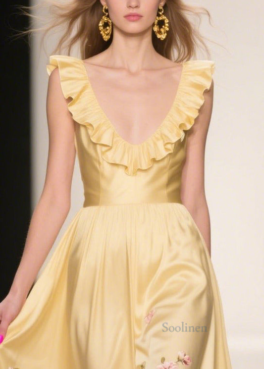 Casual Yellow Ruffles Print Silk Vestidos Dress Summer