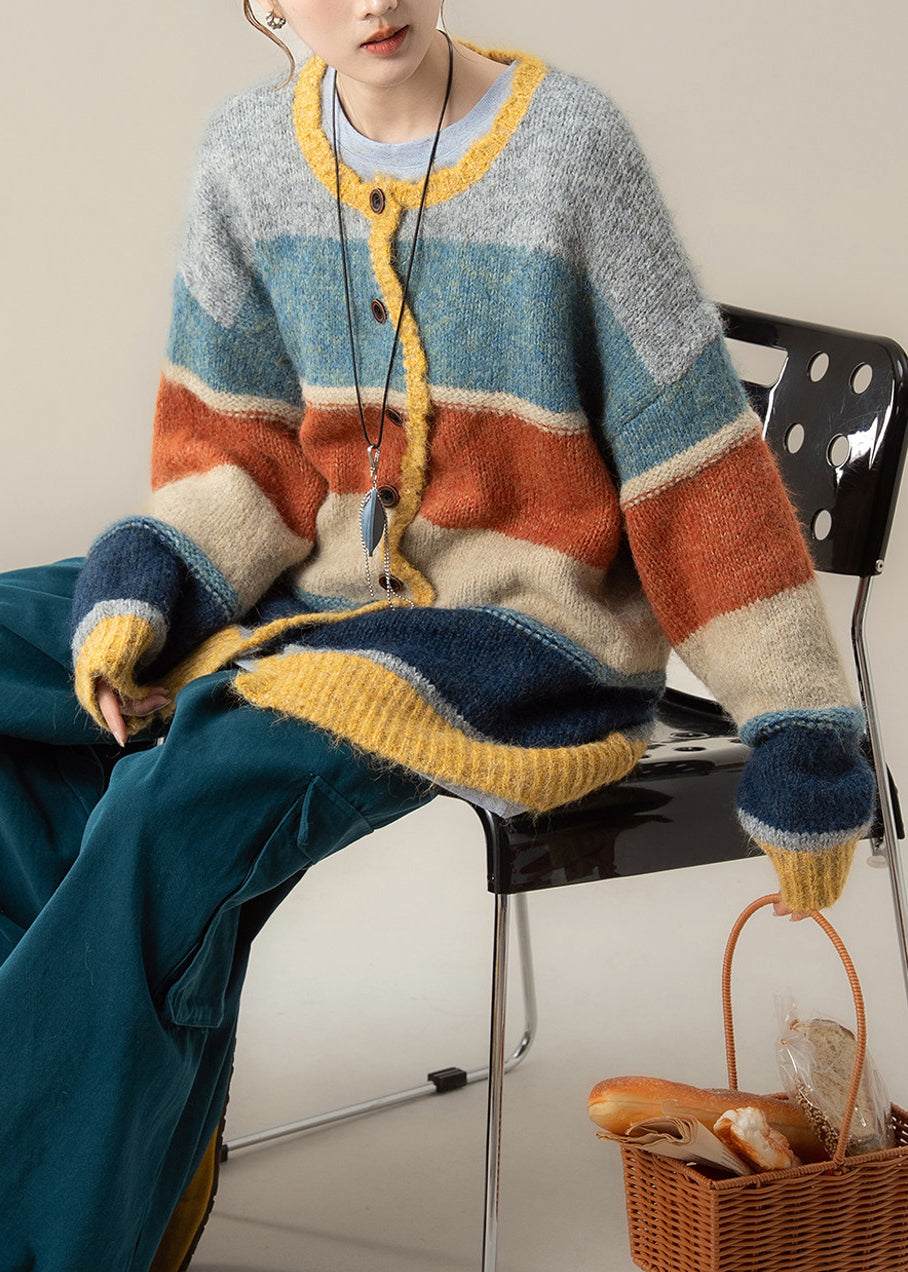 Casual Yellow Striped O-Neck Cotton Knit Cardigans Fall