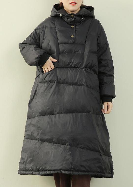 Casual black down coat winter plus size hooded Button Down coats - SooLinen