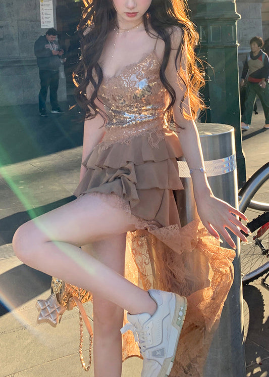 Champagne Color Lace Patchwork Spaghetti Strap Dress V Neck Sleeveless