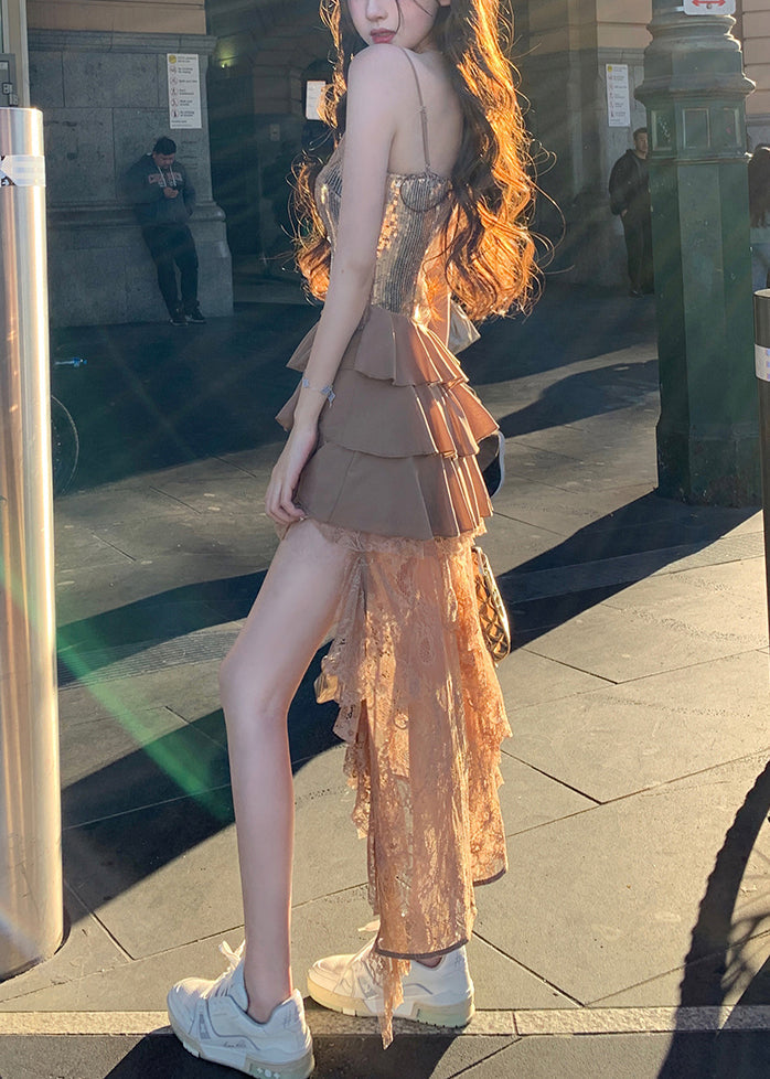 Champagne Color Lace Patchwork Spaghetti Strap Dress V Neck Sleeveless