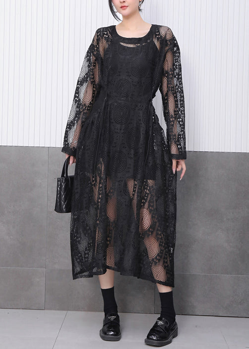 Chic All Black Ensemble Featuring Lace Jacquard Dress Fall