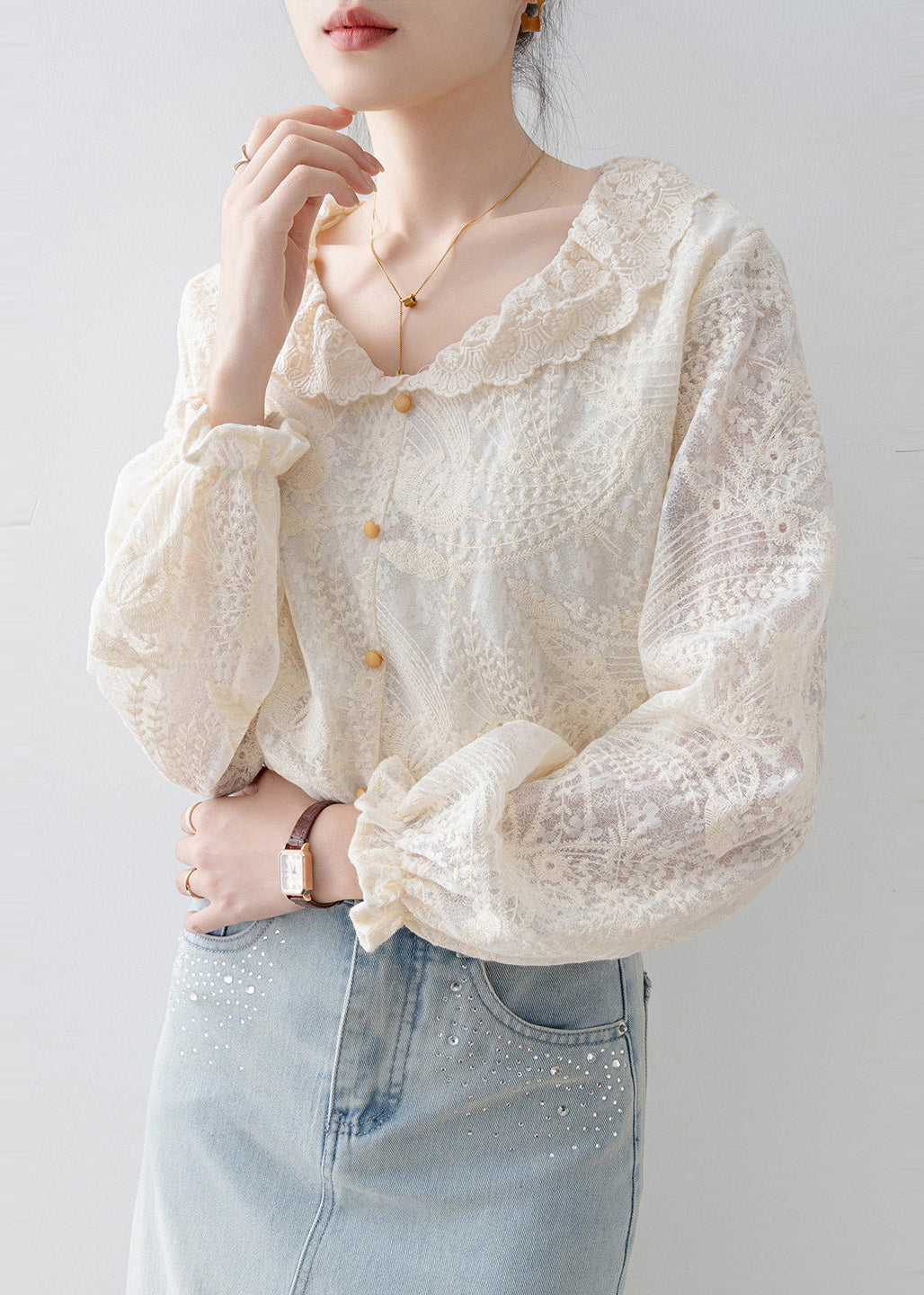 Chic Apricot Embroidered Lace Shirt Tops Spring