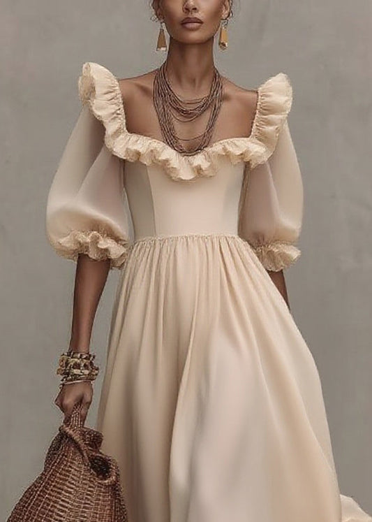 Chic Apricot Square Collar Wrinkled Long Dress Half Sleeve