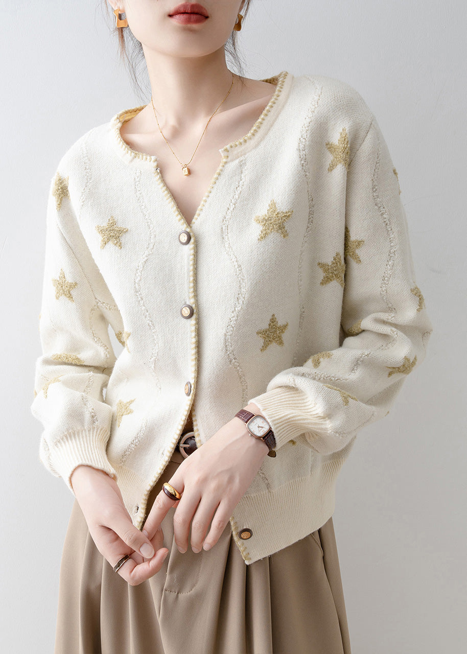 Chic Apricot V Neck Button Pentagram Knit Cardigans Spring