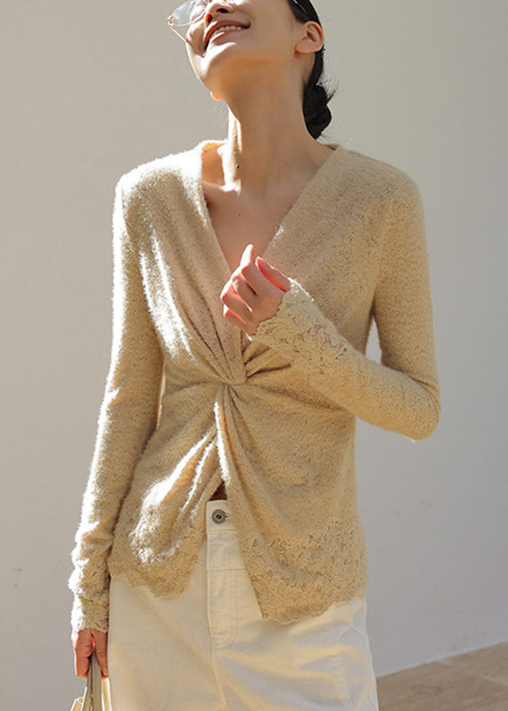 Chic Apricot V Neck Wrinkled Knit Top Spring