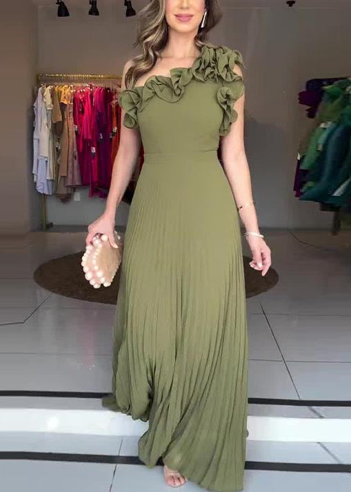Chic Army Green One Shoulder Floral Pleated Dress Summer