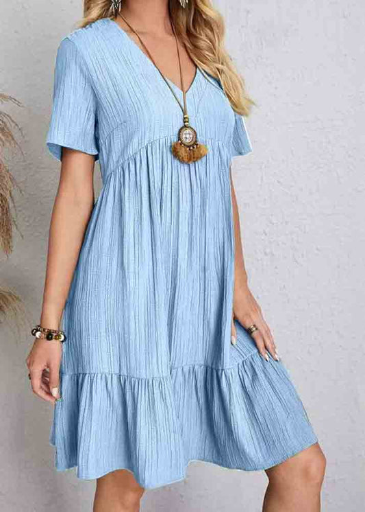 Chic Army Green V Neck Patchwork Cotton Day Dress Summer